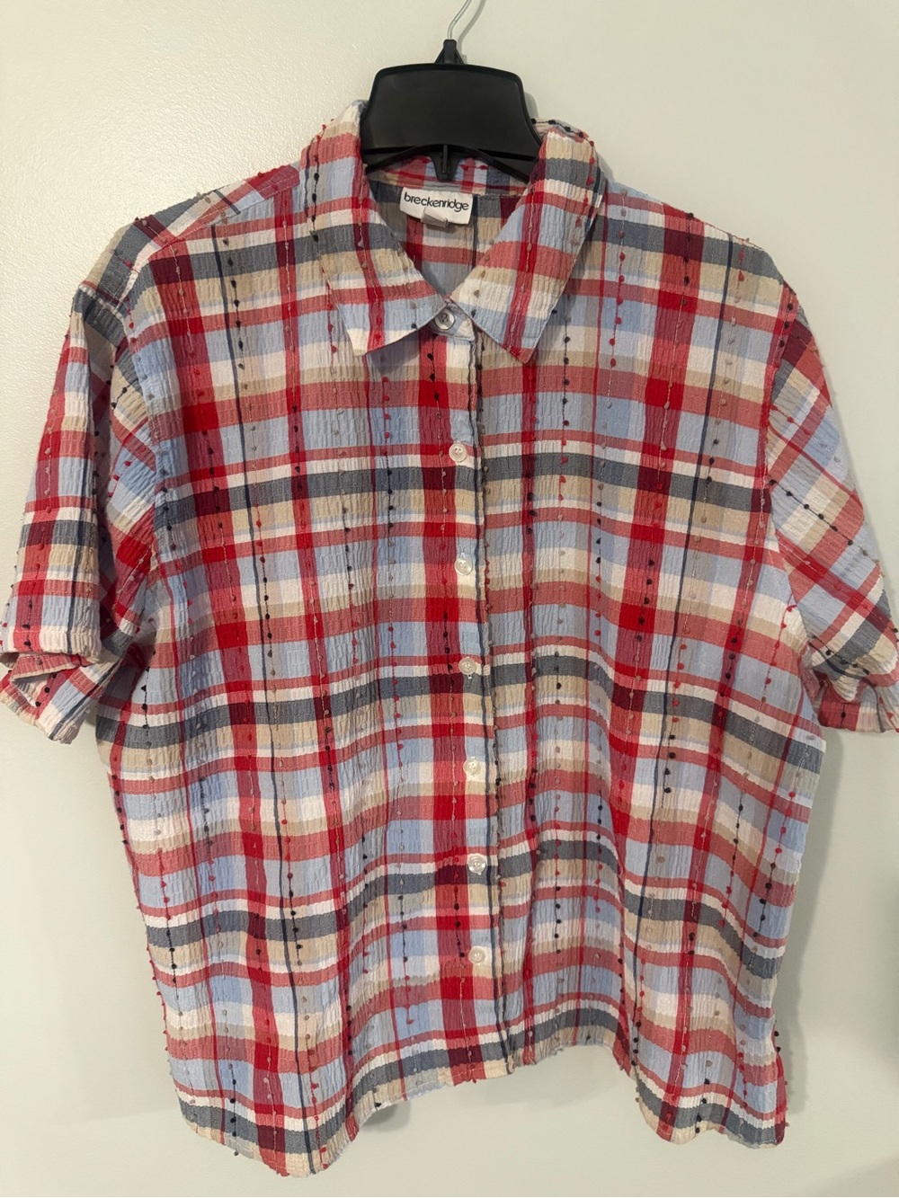 breckenridge Plaid Short-Sleeve Pom Pom Button-Down in Red, Blue & White XL